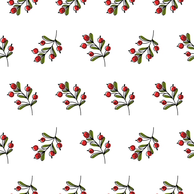 흰색 배경에 빨간 로즈힙 열매와 녹색 잎이 있는 벡터 원활한 패턴