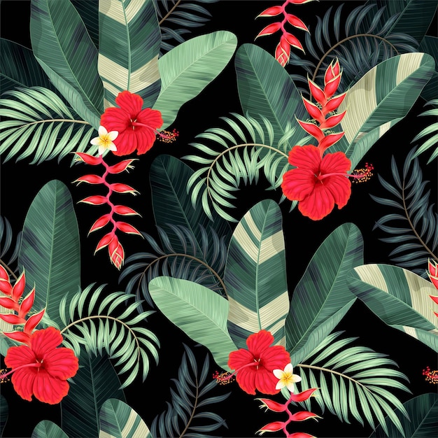 Vector seamless pattern with red tropical flowers and palm leaves on black background