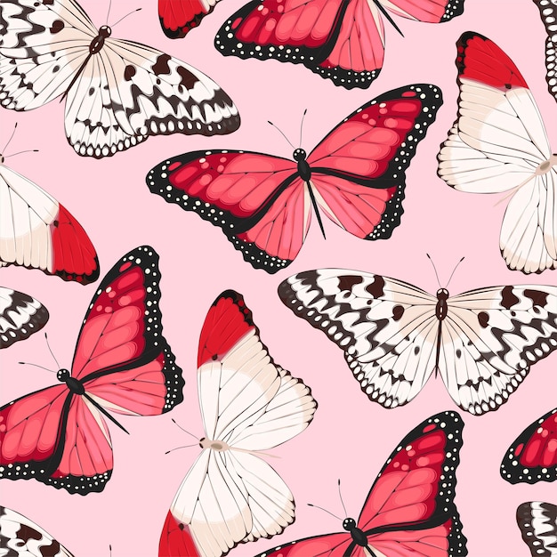 Vector seamless pattern with red and white butterflies on a pink background