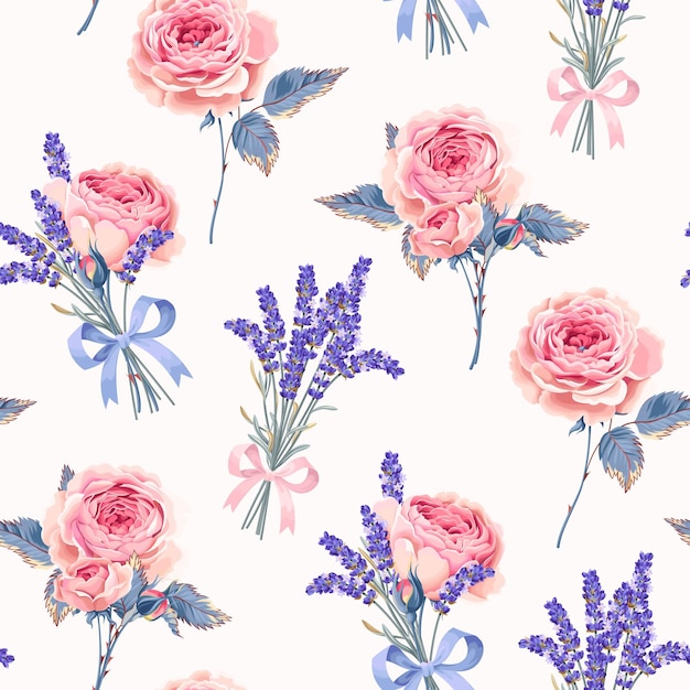 Vector seamless pattern with roses and lavender