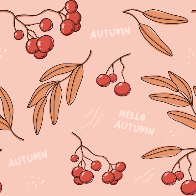 Vector seamless pattern with rowan leaves and berries. Autumn collection of ashberry for print