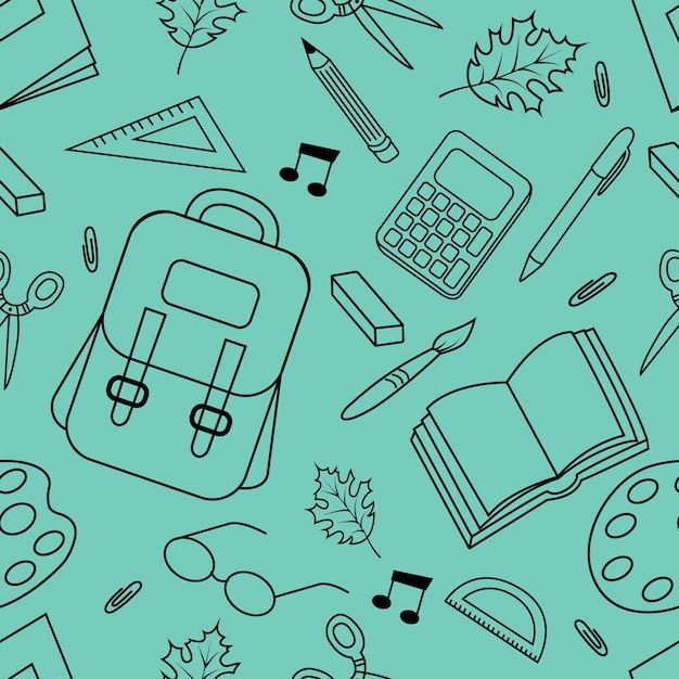 Vector seamless pattern with school accessories, satchel, glasses, paints, notebook, eraser, watch