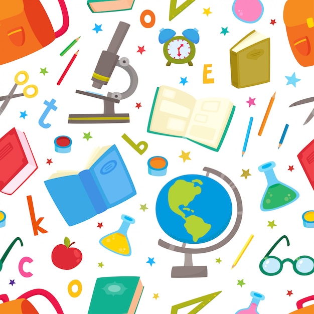 vector seamless pattern with school elements on white.