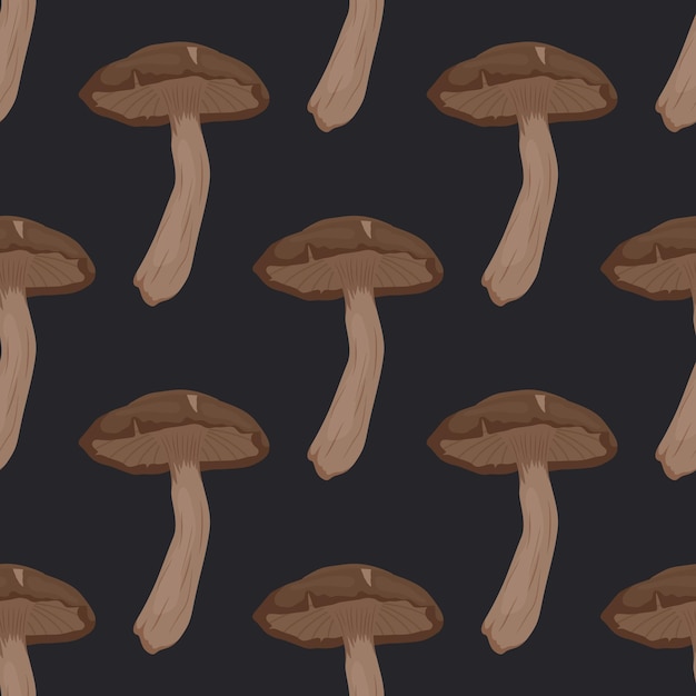 Vector Seamless Pattern with Shiitake Mushroom on Black Background Seamless Texture Hand Drawn Cartoon Shiitake Mushrooms Design Template for Textile Wallpaper Print