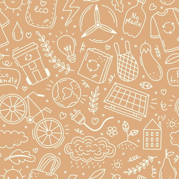 Vector seamless pattern with simple ecology doodles Zero waste background