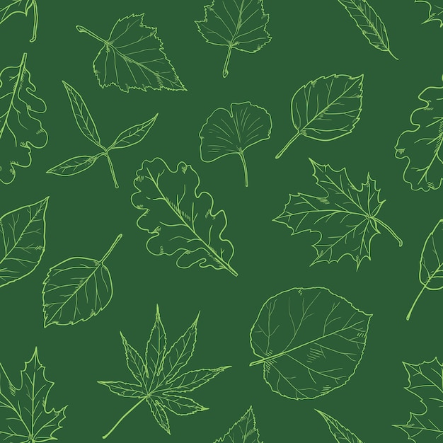 Vector seamless pattern with sketch leaves on green background