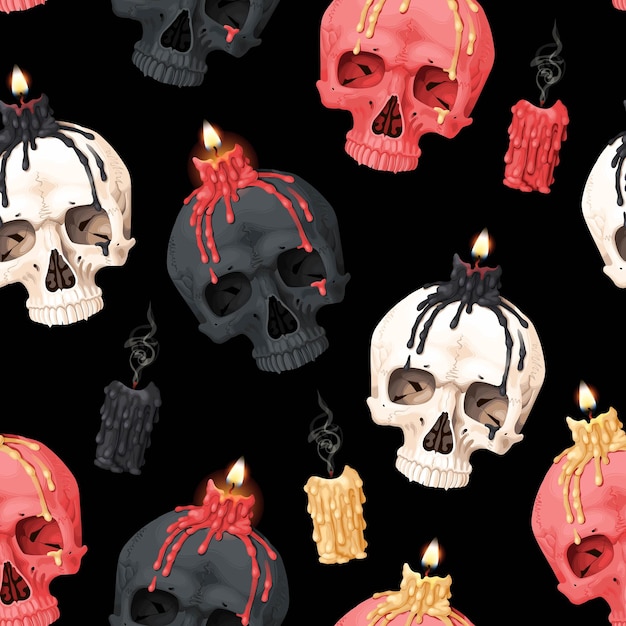 Vector seamless pattern with skull and candle