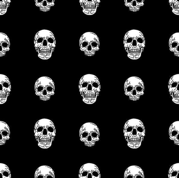 Vector seamless pattern with skulls in black background in retro tattoos old school grunge punk an