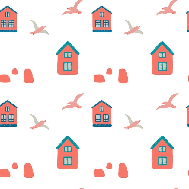 Vector seamless pattern with small cartoon houses, gulls and stones