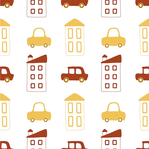 Vector seamless pattern with small cartoon houses and passenger cars in red and yellow colors
