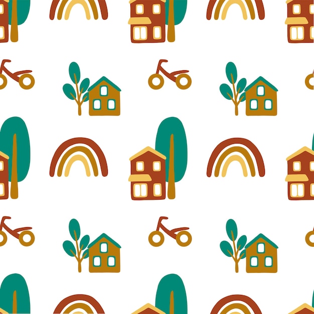 Vector seamless pattern with small cartoon houses plants rainbow and bike on white background