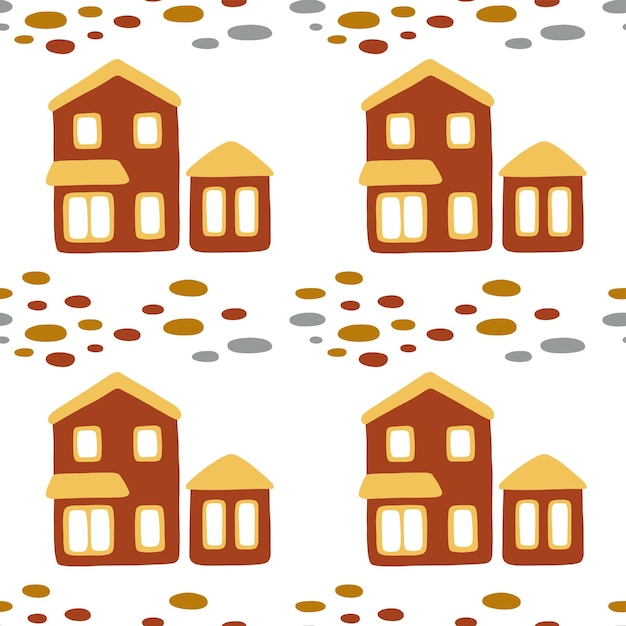 Vector seamless pattern with small cartoon houses and stones in red and yellow colors