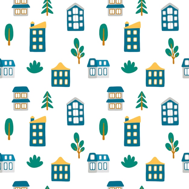 Vector seamless pattern with small cartoon houses and trees