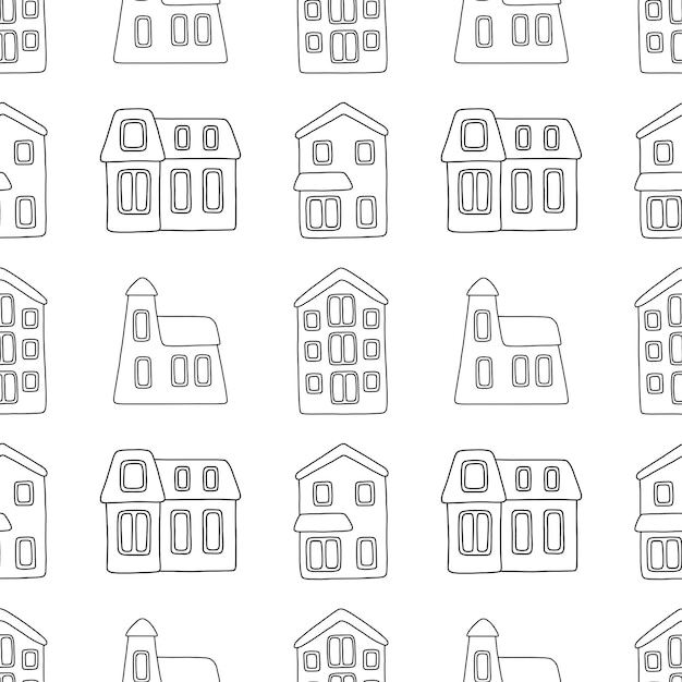 Vector seamless pattern with small cartoon houses on white background. outline illustration