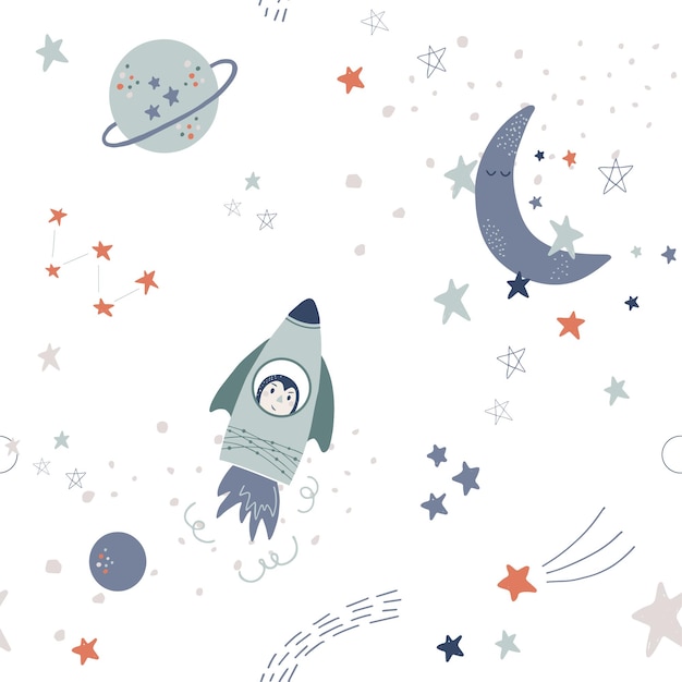 Vettore reticolo senza giunte con stelle, razzi e pianeti. illustrazione dello spazio del bambino carino.