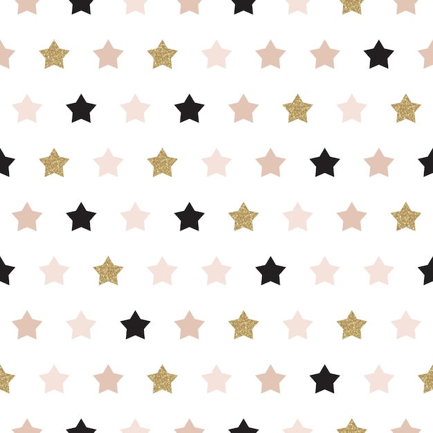 Vector vector seamless pattern with stars of rose, gold, and black. shiny sparkling background with glitter