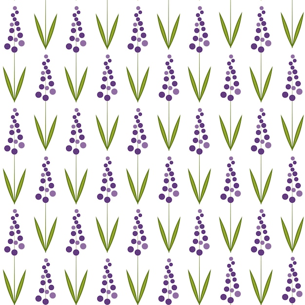흰색 배경에 스타일화된 라벤더 꽃이 있는 매끄러운 벡터 패턴입니다.