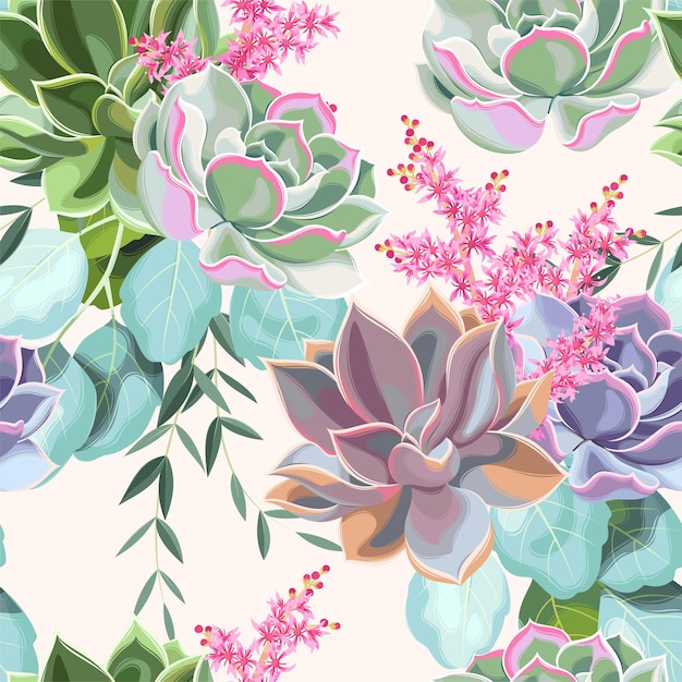 Vector seamless pattern with succulents and eucalyptus