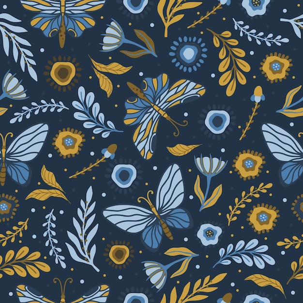 Vector seamless pattern with summer herbs and butterflies