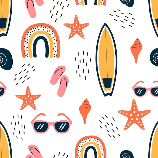 vector seamless pattern with summer symbols such as surfboard seaglass and starfish