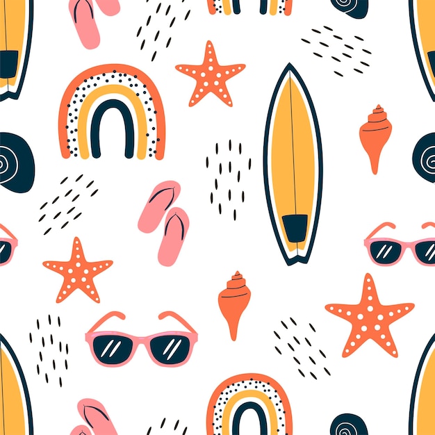 Vector seamless pattern with summer symbols such as surfboard seaglass and starfish