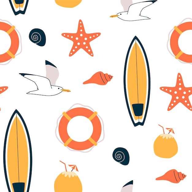 vector seamless pattern with summer symbols such as surfboard seagull lifebuoy and starfish