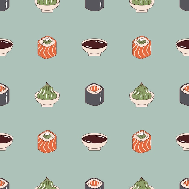 Vector seamless pattern with sushi roll soy sauce and wasabi in retro style Background with japanese food 70s