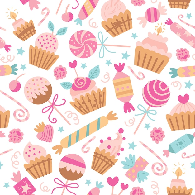 Vector seamless pattern with sweet candy and cookie