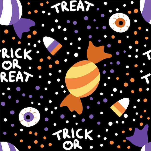 Vector seamless pattern with sweets for trick or treat game. Traditional Halloween party food background. Digital paper with scary stripy purple and orange candy.