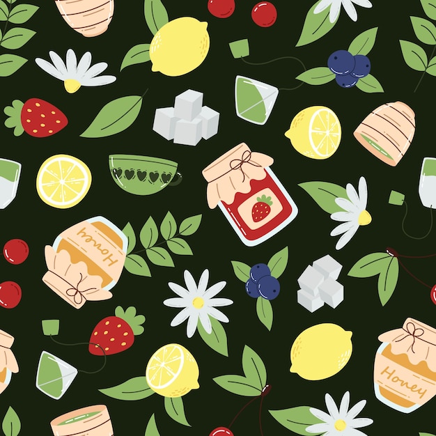 Vector seamless pattern with tea fruits and sweets