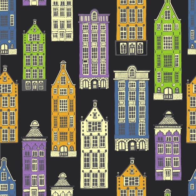 Vector seamless pattern with town houses