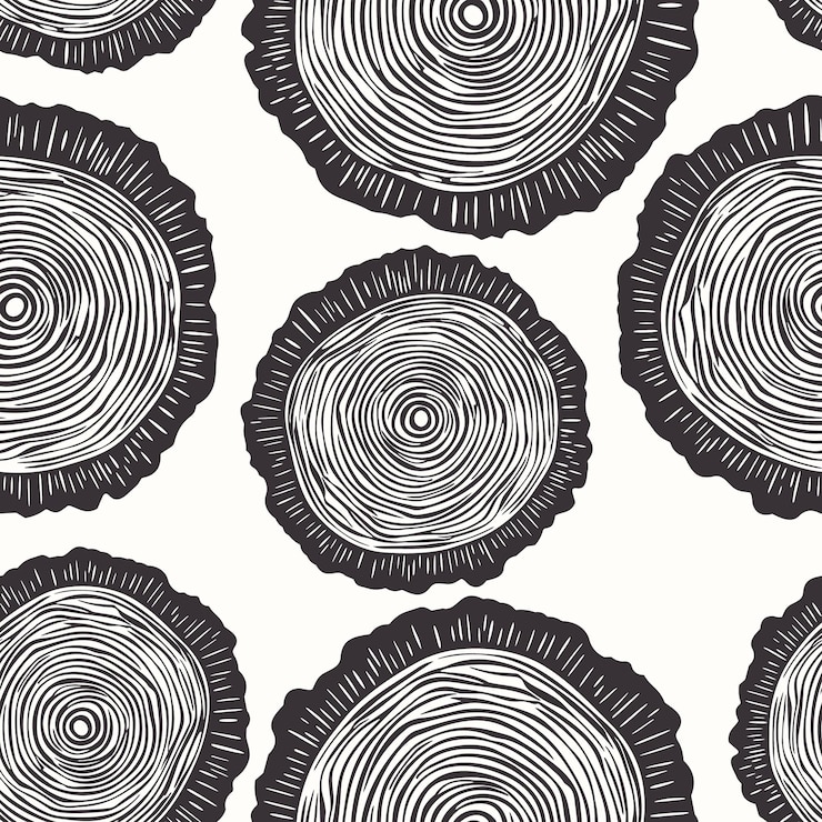 Vector vector seamless pattern with tree rings saw cut tree trunk wood log cross pine oak slices lumber cut timber wooden texture with tree rings hand drawn design element