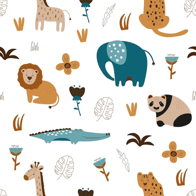 Vector seamless pattern with tropical animals Trendy tropical design for textile