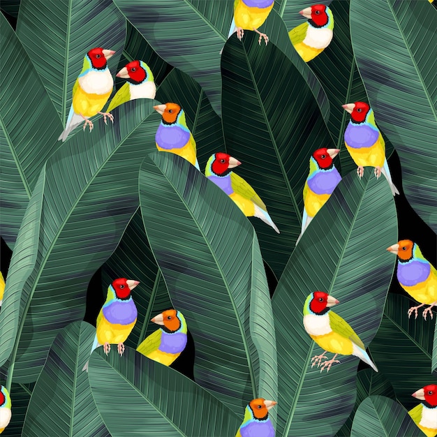 Vector vector seamless pattern with tropical birds and palm leaves