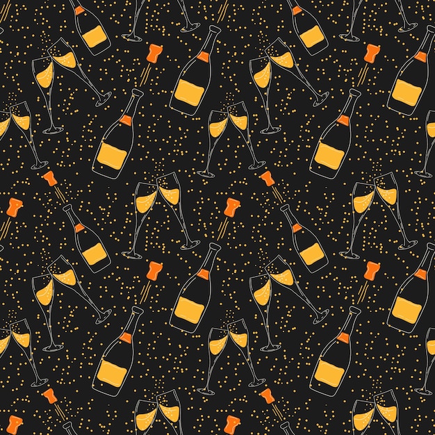 Vector seamless pattern with two champagne glasses with champagne bottle. Cartoon style.