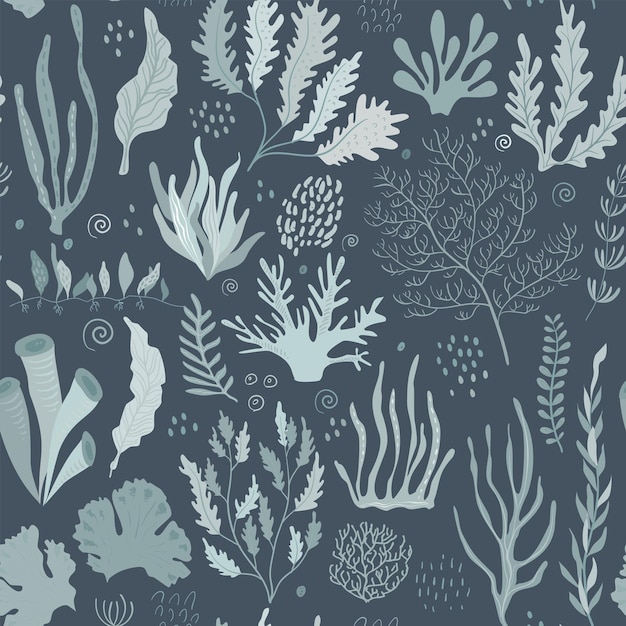 Vector seamless pattern with underwater ocean coral reef plants corals and anemones