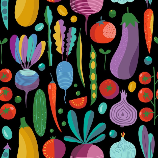 Vector vector seamless pattern with vegetables. vegetable repeated texture. stylized colorful vegetables