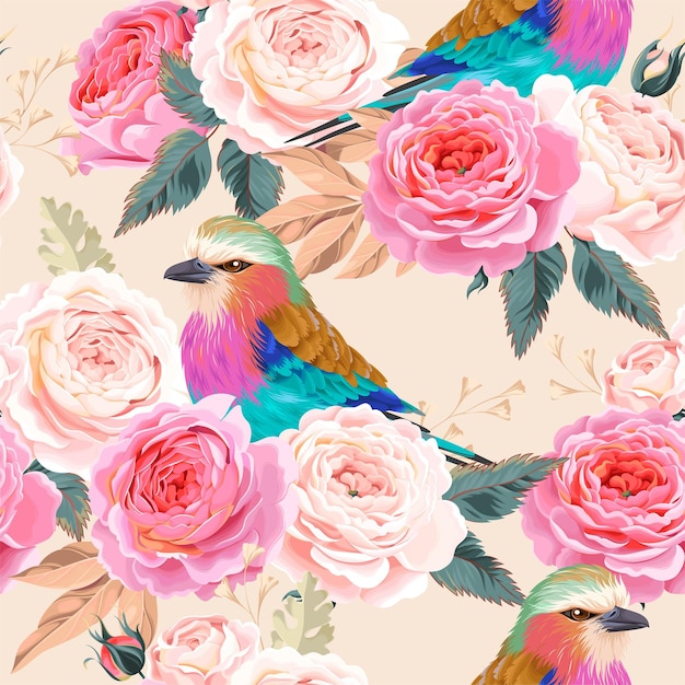 Vector seamless pattern with vintage flowers and bird