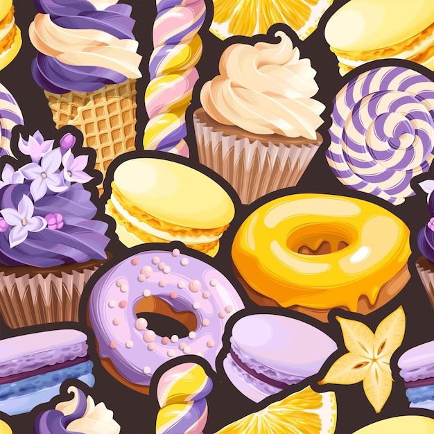 紫と黄色のお菓子とシームレスなパターンをベクトルします。