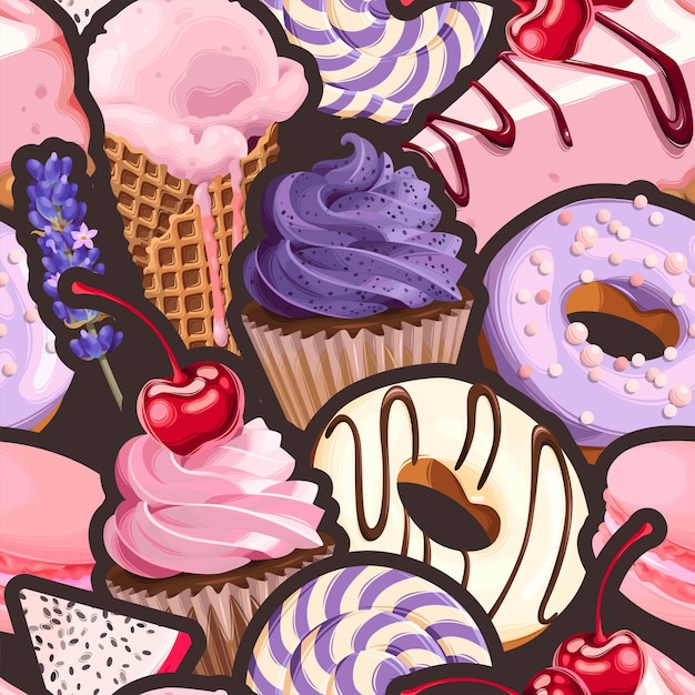 Vector seamless pattern with violet and pink sweets