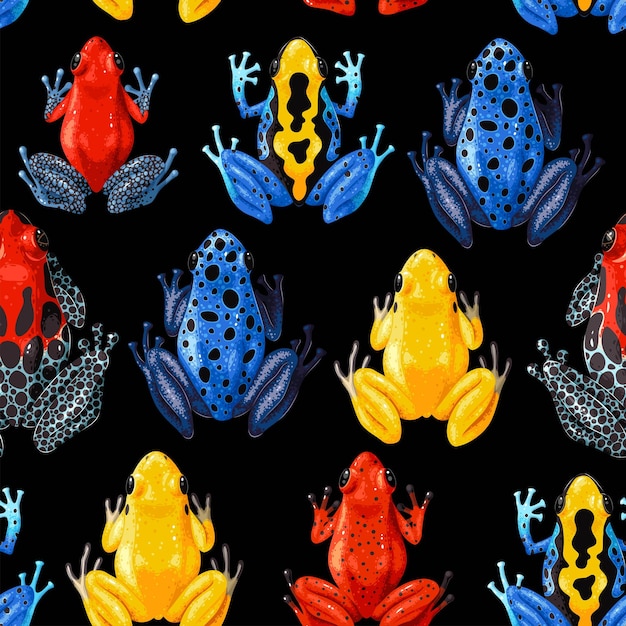 Vector seamless pattern with vivid tropical frogs on black background