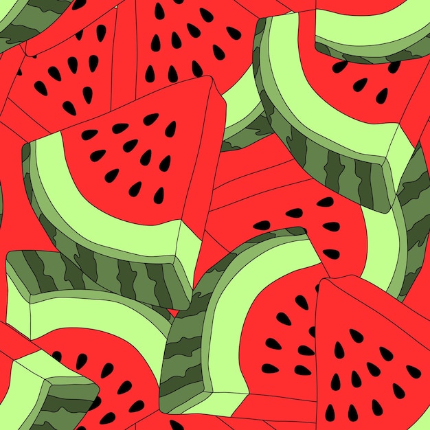 スイカのスライスとのベクトルのシームレスなパターンカラフルな手描きの繰り返し可能な背景種子の背景と夏の果物