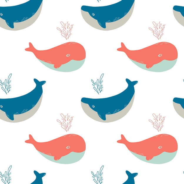 クジラとシームレスなパターンをベクトル。かわいい動物の赤ちゃん。クジラと子供のためのパターン