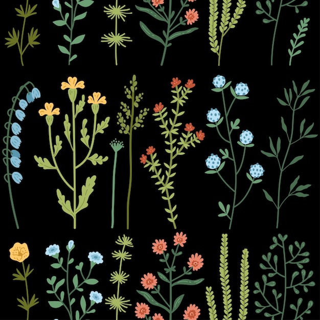 Vector seamless pattern with wild flowers and grass