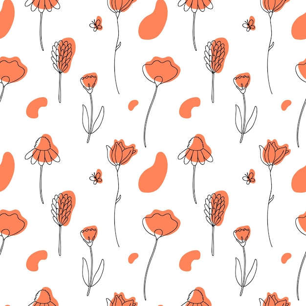 Vector seamless pattern with wildflowers and blots Sketch style