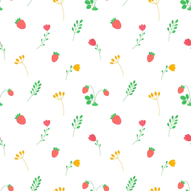 Vector seamless pattern with wildflowers and strawberry