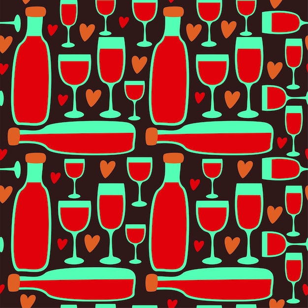 Vector seamless pattern with wine bottles and wineglasses with red wine
