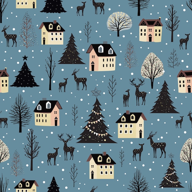 Disegno senza cuciture vettoriale con paesaggio invernale nel villaggio paia di case di cervi decorate alberi di natale alberi
