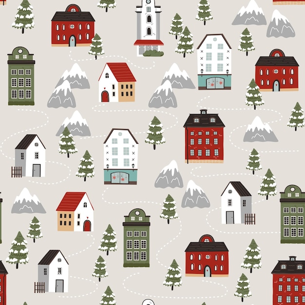 Vector seamless pattern with winter trees colorful european buildings and mountains Cartoon Illustration for Background wallpaper wrapping paper