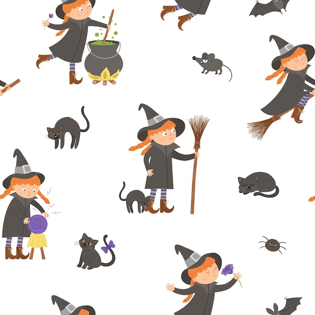 Vector seamless pattern with witches. digital paper with halloween characters. cute autumn all saints eve background with girl on a broom, with cauldron, cat, magic ball for kids.